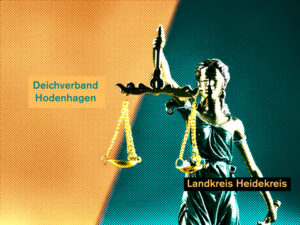 Justitia mit goldener Wagschale vor diagonal geteiltem Hintergrund